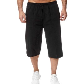 HangNiFang Men's Long Linen Shorts Below Knee Pocketed 3/4 Summer Drawstring Capri Pant(0131-Black-XL)