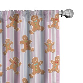 Ambesonne Gingerbread Man Window Curtains Pack of 2, Pattern with Pastel Colored Striped Backdrop Bakery Xmas Goodies, Lightweight Set with Rod Pocket, 4 Panels of - 28" x 84", Brown Pink