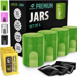 Premium Airtight Glass Storage Jars 120/180ml with 69% Humidity Control 4 Packs - UV Air Tight Jars with Child-Resistant Lid - Airtight Jar Container, Air Tight Storage,Storage Jars for Herb/Spice