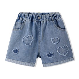 Rolanko Girls' Jeans Shorts, Elastic Waistband, Summer Ripped Hot Short Jeans with Pockets for Children, heart patchwork, 11 - 12 years