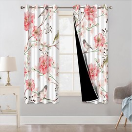 Birds and Pink Floral Soundproof Blackout Curtains for Girls Room and Nursery, Blackout Curtains for Bedroom 63 Inches Long, Light Filtering Thermal Insulated Black Out Privacy Curtains 2 Panels Set