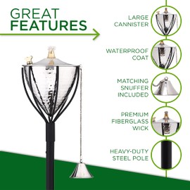 Legends Direct Amsterdam Premium Metal Tiki Torches, 54" Tall- Tiki Style/w Snuffer, Fiberglass Wick & Large 32oz Oil Lamp for Deck, Patio, Lawn, Garden, Luau (Hammered Nickel)