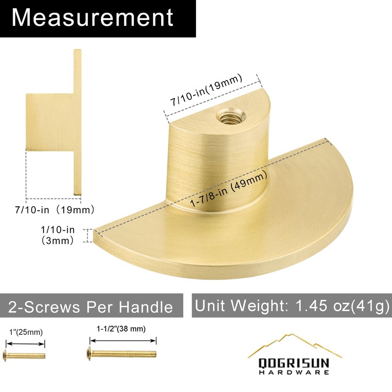 QOGRISUN 5-Pack Solid Brass Cabinet Pulls, Gold Half Moon Drawer