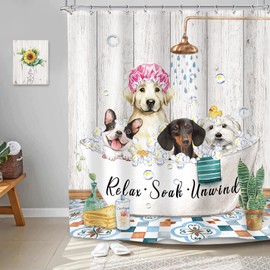 SVBright Funny Dog Shower Curtain 60Wx72L Inch Farmhouse Vintage Cute Animals Puppy Shower Wooden Plank Bubbles Rustic 12 Pack Hooks Polyester Waterproof Fabric Bathroom Bathtub Panels