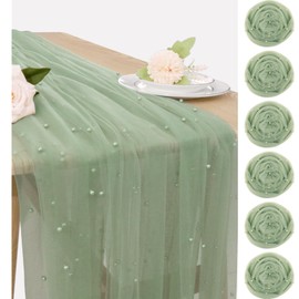 Set of 6 Pearl Table Runner 29 x 120 Inch Sage Green Tulle Fabric Lace Table Runners Boho Rustic Table Runners for Bridal Shower Birthday Party Wedding Arch Aisle Veil Dessert Table Decor(Sage Green)