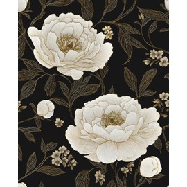 Laatse Floral Wallpaper Peel and Stick White Peony Flowers Contact Paper 17.5" x 118" Dark Botanical Wall Paper Waterproof Self Adhesive Removable for Bedroom Shelves Cabinet Drawer Decor