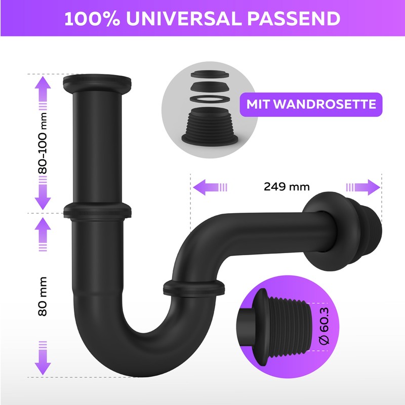 Black Siphon Sink Drain Fitting with Overflow, Pop Up +