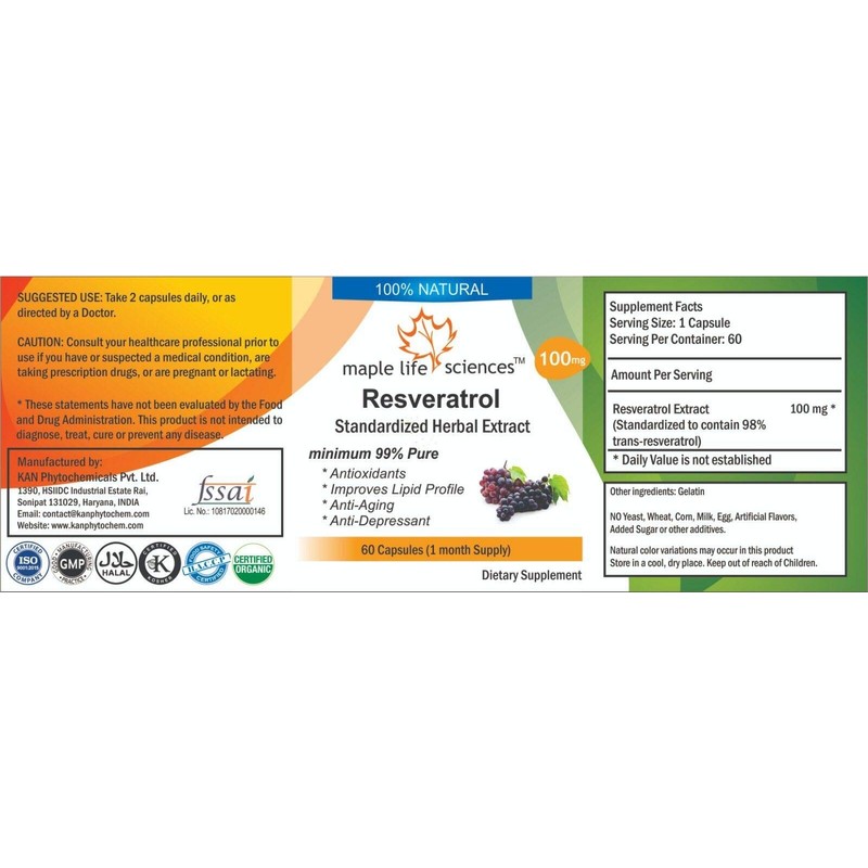 Resveratrol 98% Extract - 60 Vegan Capsules - Strong Antioxdant