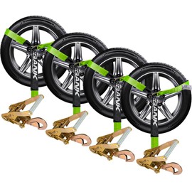 Digank Car Tie Down Straps for Trailers- 4 Pack 2"x96" with Tire Strap 3,300lb Safe Working Load - Adjustable Straps with Snap Hooks (Green)