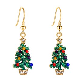 EVER FAITH Christmas Tree Dangle Earrings for Women, Green Enamel Rhinestone Crystal Wishing Tree Earrings