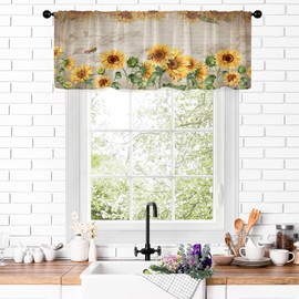 Kikiry Sunflower Window Curtain Valance 52" W x 18" L Yellow Floral Farmhouse Vintage Rustic Wooden Leaves Bee Butterfly Background Girl Kitchen Living Room Bedroom Drapes Treatment Fabric 1 Panel