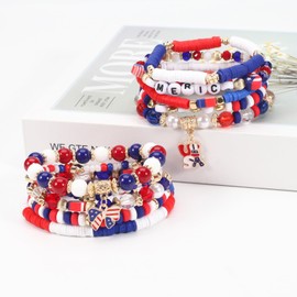 Twinfree 4th of July Bracelets USA Clay Bead Bracelet American Flag Bracelets Patriotic Beaded Stackable Butterfly Pendant Bracelet Summer Beach Heishi Surfer Bracelet Set Independence Day Gifts