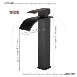Oil Rubbed Bronze Bathroom Vessel Sink Faucet, JXMMP Single Hole Waterfall Bathroom Faucet with Supply Hose and Pop Up Drain Assembly, Tall Waterfall Faucet for Bathroom Sink, JXM1221ORB