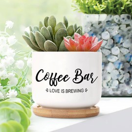 DecStic Coffee Bar Love is Brewing Planter Ceramic Bible Verse Round Plant Pots with Drainage Holes and Bamboo Tray Pot for Pots Outdoor Indoor Plants