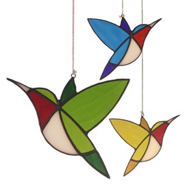 Stained Glass Hummingbird Window Hanging Handcrafted Tiffany Style Sun Catcher Little Bird for Garden, 3 Colors in one Box (Tricolor Suit)