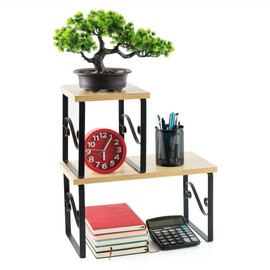 Fox Claw Wood Desktop Bookshelf, 2-Tier Adjustable Wooden Display Shelf, Multipurpose Bookshelf Storage Organizer, Wood Desktop Storage Organizer for Dorm Office Home, Burlywood