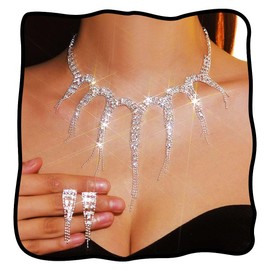TWINKLEDE Rhinestone Necklace and Earrings Set Crystal Tassel Necklaces for Prom Bridal Wedding Jewelry Sets