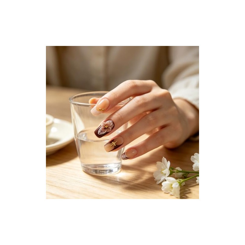 Uñas postizas cuadradas de color marrón medio hechas a mano,