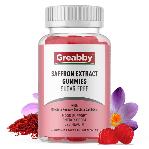 GREABBY Saffron Gummies Sugar Free, Saffron Extract Supplement with Rhodiola Rosea for Women Men Adults, Appetite Control, Organic, Vegan, Non-GMO (60 Gummies)