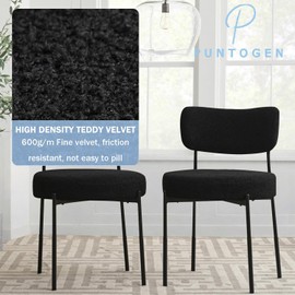 Puntogen Black Boucle Dining Chairs Set of 2, Mid Century Modern Chair Set with Upholstered Sherpa, Round Velvet Dining Room Chairs with Curved Backrest & Metal Legs, Kitchen Chairs for Living Room