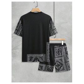 OYOANGLE Men's 2 Piece Outfits Boho Paisley Print Short Sleeve Top and Drawstring Shorts Set Tracksuits Black X-Large