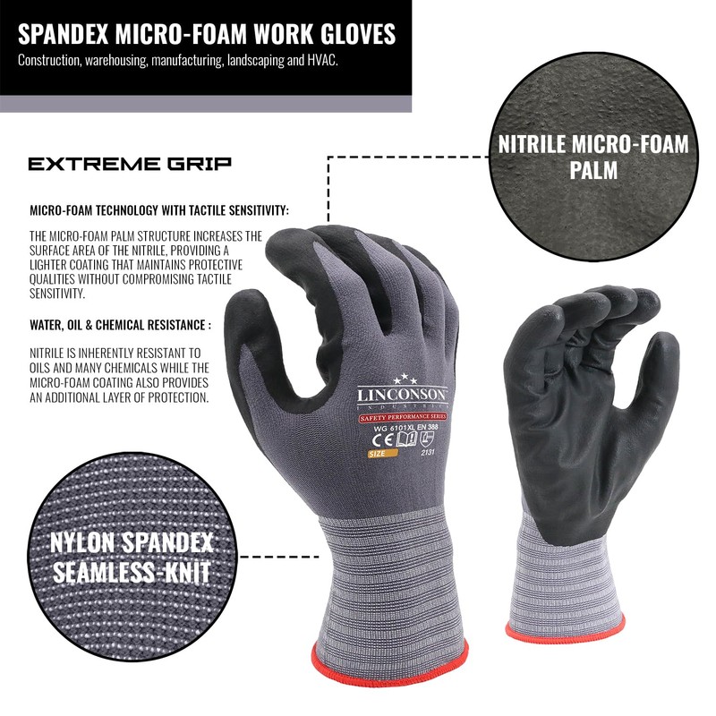 LINCONSON 6 Pack Flexible Spandex Knit With Nitrile Micro-Foam Palm
