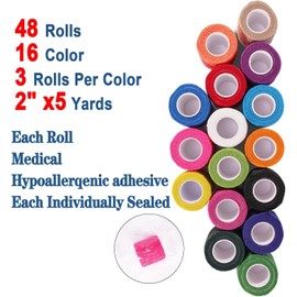 48 Pack Self Adhesive Bandage Wrap, 2” x 5 Yards Cohesive Medical Tape Elastic Grip Tape Black Sports Tape Athletic for Ankle, Wrist Sprains, Pet First Aid (Multi-Color)