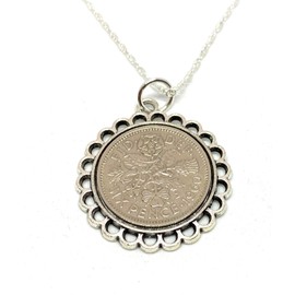 Fine Pendant 1960 Lucky sixpence 65th birthday gifts for women Sterling Silver 18in Chain