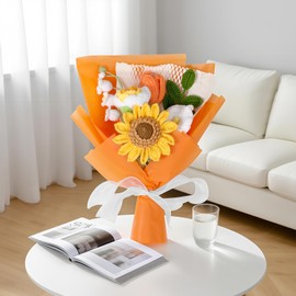 Crochet Flower Bouquet,Crochet Flowers,Knitted Rose Tulip Lily of the Valley Flower Bouquet for Women Wife Lover Friends Anniversary Birthday Valentine's Day Mother's Day Graduation Gifts (Yellow)