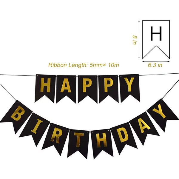 Tellpet Black HAPPY BIRTHDAY Banner with 5 pcs Gold Confetti Balloons