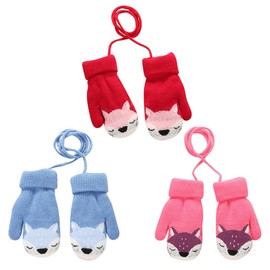 ISAKEN Gloves Toddler Mittens Thickened Knitted Gloves Cartoon Mittens Neck Gloves Thick Double Knitted Gloves with Lanyard Knitted Gloves for 1-4 Years Boys Girls, 003