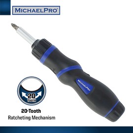 MichaelPro MP002024 Two-Position Ratcheting Screwdriver, 9-in-1 Adjustable Angle Screwdriver with Multi Bits, All-In-One Multi Screwdriver with a Built-In Handle Storage, for Home & Industrial Usage