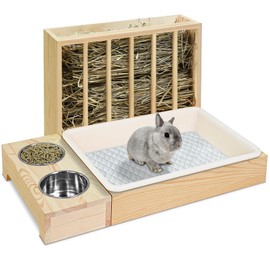 MOBYKE 3 in 1 Rabbit Hay Feeder with Litter Box, Wood, Mess Proof, for Guinea Pig, Chinchillas, Hamster, Dwarf Rabbit