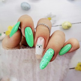 24Pcs Long Easter Press on Nails Almond Fake Nails Pastel Green French Tips False Nails with Flosers Daisy Cute Bunny Designs Glue on Nails Acrylic Full Cover Nails for Women and Girls Manicure