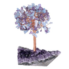 Nupuyai Amethyst & Aquamarine Tree of Life Natural Geode Base Stone Feng Shui Crystal Tree Handmade for Indoor Decoration and Reiki Chakra