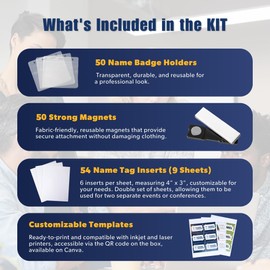 Swag Badges 50 Pack Magnetic Name Badge Holders, Complete Kit, 4" x 3", Customizable Id Tag Holders with Fabric-Friendly Magnets, for Conferences, Offices & Events, Includes 54 Printable Inserts