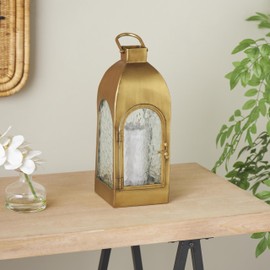 Deco 79 Metal Indoor Outdoor Candle Lantern Arched Lantern Candle Holder with Top Handle, Lantern 6" x 6" x 18", Gold