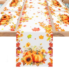 DPKOW Autumn Decorations, Maple Leaves Table Runner Placemats, Autumn Table Runner Fall Decorations, Autumn Home Table Decorations Harvest Table Runner Placemats Maple Leaves Pumpkin Decorations
