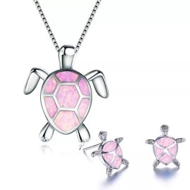 Unbranded Pink & Silver Turtle Necklace and Earring Stud Set