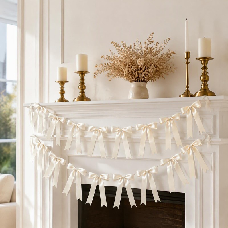 2Strings 16Pcs Ivory White Bow Garland Banner Pre-Strung Satin Ribbon
