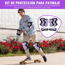 MUÜNSOY Juego De Rodilleras, Coderas, Muñequeras 6 Pzs, Paquete De Protectores para Patineta, Ciclismo, Patinaje, Deportes al Aire Libre,Protecciones De Patinar Rodilleras para Adultos y Niños,Morado