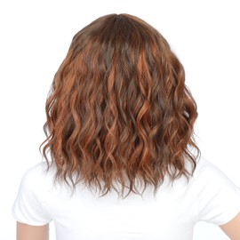 SWACC 12 Inch Short Curly Wavy Bob Wig with Bangs Synthetic Hair Wig for Women with Wig Cap (Brown Auburn Highlights)