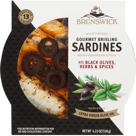 Brunswick Wild Caught Gourmet Brisling Sardines in Extra Virgin Olive Oil, Mediterranean Style with Black Olives, Herbs and Spices, 4.23 oz Can - Wild Caught Sardines - 13g Protein per Serving