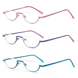 MMOWW 3 Pack Half Frame Reading Glasses for Women Men Slim Half Moon Lens Readers Semi Rimless Metal Frame Spring Hinges (Pink/Purple/Blue +1.0