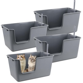 CadineUS 4 Pack High Sides Cat Litter Pan, Low Entry Cat Litter Box with Scoops, Grey, 24.3" x 15.5" x 12.9"