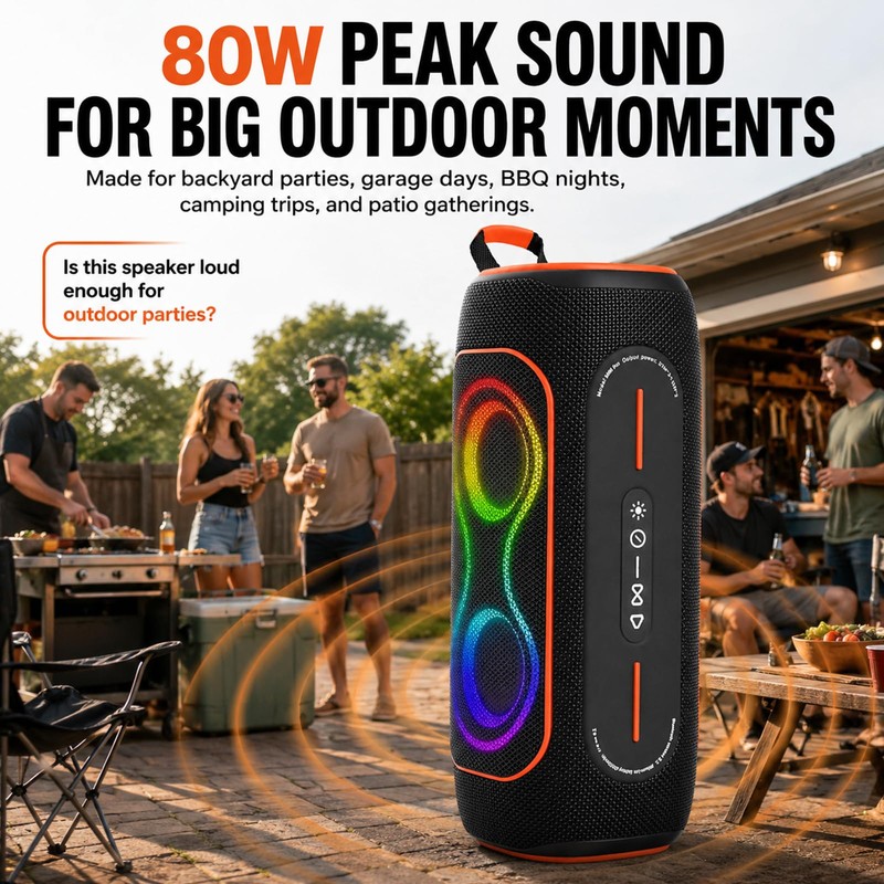 Musibaby Black 80W Waterproof Portable Bluetooth Speaker for Outdoor Use