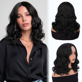 Sidaila Wigs for Women，Synthetic Lace Hairline Heat Resistant Body Wave Wig，14 Inch Shoulder Length Bob Style Wig Layered Natural Curly Hair Wigs for Women for Daily Party Use - 1# Off Black