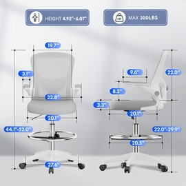 FLEXISPOT Upgraded Drafting Chair Tall Office Chair with 2D Lumbar,3D Flip-up Armrest,Standing Desk Chair with Breathable Mesh Adjustable Foot Ring Stool BIFMA Certified for Home Office,Drawing,Grey