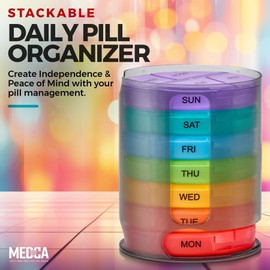 MEDca Pill Dispenser 1 Dispenser 7 Stackable Multi-Colour Compartments Four Times a Day - Morning, Noon, Evening and Bedtime, Black