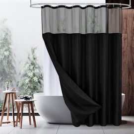 MitoVilla Black Long Shower Curtain 72 x 78, Modern Waffle 78 inch Long Fabric Shower Curtain Set with Cloth Snap-in Liner & Mesh Top Window for Hotel Spa Bathroom Decor